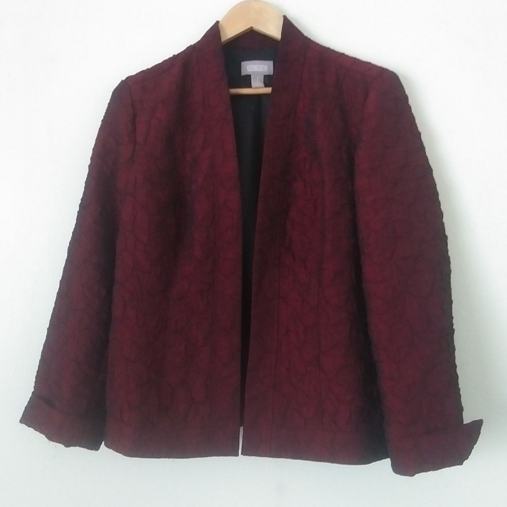 Chico's Dark Red Open-Front Crinkle Satin Blazer, Chico's Size 1, US Med (8-10)